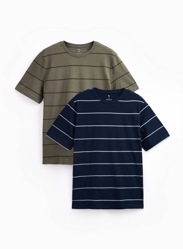 Navy & Khaki Stripe T-Shirts 2 Pack M